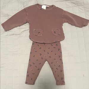 Zara Mauve Ribbed Baby Top & Floral Leggings Set